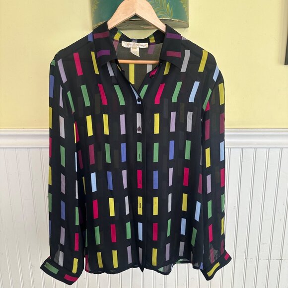 Jones New York 100% Silk Colorful Geometric Print Button-Up Blouse Size 14 - Picture 1 of 6